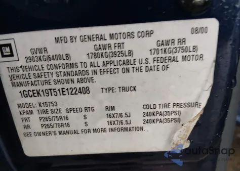 2001 Chevrolet Silverado 1500 Ls z USA, uszkodzony, nr VIN 1GCEK19T51E122408